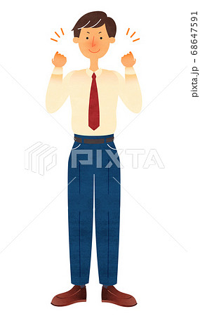 両手でガッツポーズをするスーツ姿の若い男性のイラスト素材