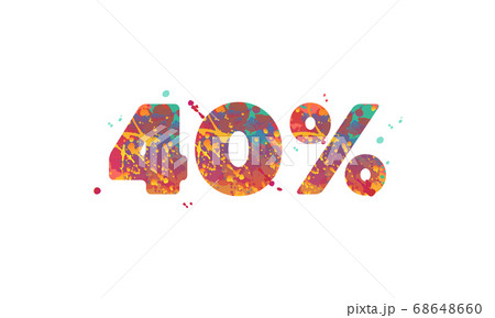40 percent - typography inscription with multicolored spots of paint in red, yellow, teal colors on white background. 40 percent - typography inscription with multicolored spots of paint in red, yellow, teal colors on white background. 68648660