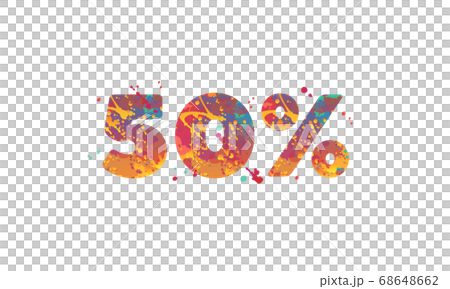 50 percent - typography inscription with multicolored spots of paint in red, yellow, teal colors on white background. 50 percent - typography inscription with multicolored spots of paint in red, yellow, teal colors on white background. 68648662
