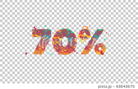 70 percent - typography inscription with multicolored spots of paint in red, yellow, teal colors on white background. 70 percent - typography inscription with multicolored spots of paint in red, yellow, teal colors on white background. 68648670