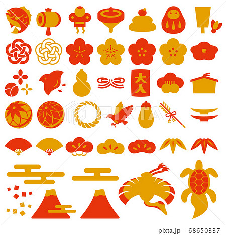 正月素材 縁起物アイコンセット「金赤」 68650337