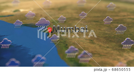 Mumbai city and rainy weather icon on the map, weather forecast related 3D rendering 68650555