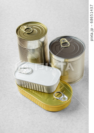 Set of various canned foods in tin cans on kitchen Set of various canned foods in tin cans on kitchen 68651437