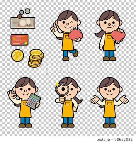エプロン姿の女性 お金 管理 セットのイラスト素材