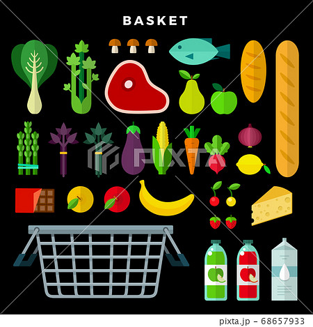 Grocery selection set with vegetables, fruits, meat, bread, cheese, juice, milk, fish, mushrooms, chocolate, berries, cabbage and food basket on dark background Grocery selection set with vegetables, fruits, meat, bread, cheese, juice, milk, fish, mushrooms, chocolate, berries, cabbage and food basket on dark background 68657933