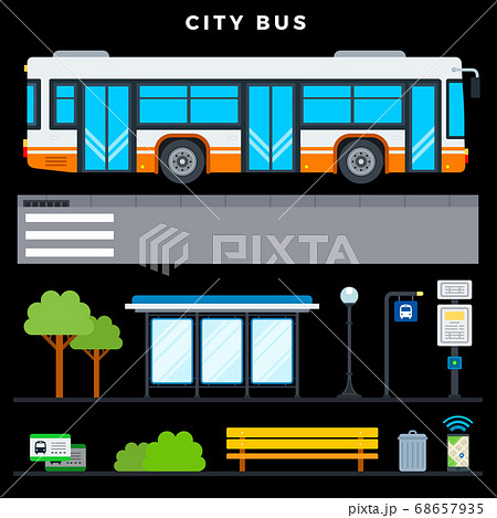 City Bus Transport Vector Flat Icons Set With のイラスト素材