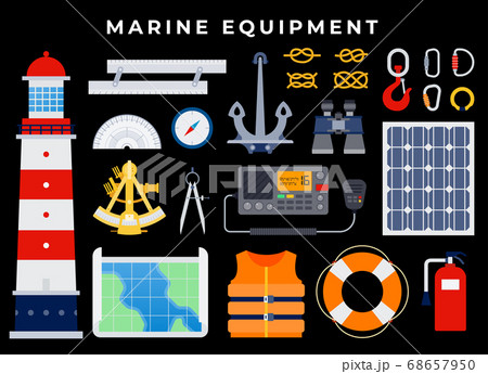 Marine Equipment, anchor, nautical seafaring, sailing equipment. anchor, binoculars, lifebuoy, life jacket, hook, knots, carbines, compass, map. on dark background Marine Equipment, anchor, nautical seafaring, sailing equipment. anchor, binoculars, lifebuoy, life jacket, hook, knots, carbines, compass, map. on dark background 68657950