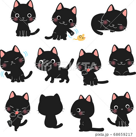 かわいい黒猫のポーズイラストセットのイラスト素材