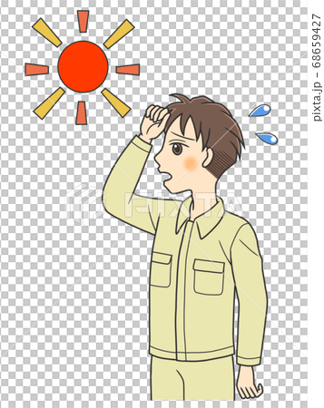 太陽の下で暑そうな作業着の若い男性 68659427