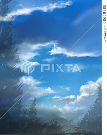 青い空と厚い夏の雲と木々の木漏れ日のイラスト素材