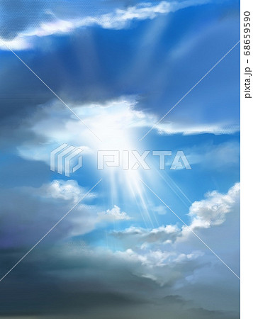青い空と厚い夏の雲の隙間から降り注ぐ太陽光のイラスト素材