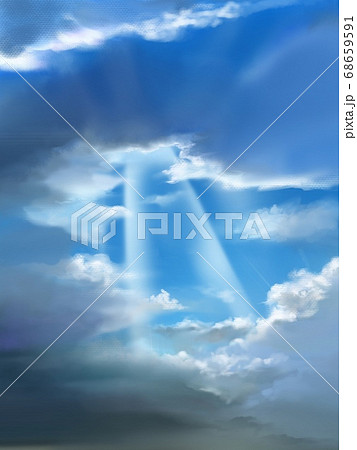 青い空と厚い夏の雲の隙間から降り注ぐ太陽光のイラスト素材