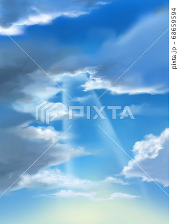 青い空と厚い夏の雲と差し込む太陽光のイラスト素材