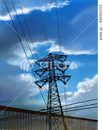 青い空と厚い夏の雲と差し込む太陽光とモノクロ電波塔のシルエットイラストのイラスト素材