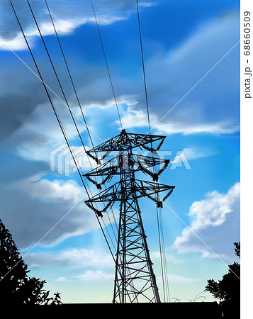青空の下の送電塔と電線と木のシルエットのイラスト素材