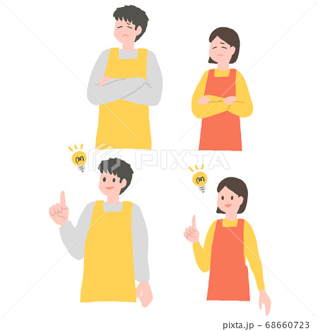 エプロンをつけた人たちが思いつくのイラスト素材