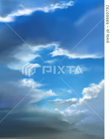 青い空と厚い夏の雲と差し込む太陽光のイラスト素材
