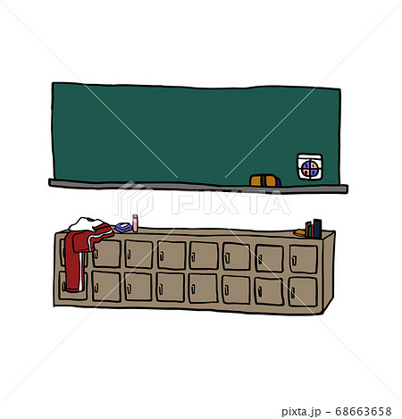 学校の教室の後ろにある黒板とロッカーのイラスト素材