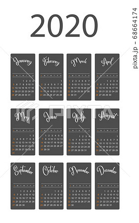2020 calendar template. Calendar design in black and white, holidays in orange. Vector 68664174