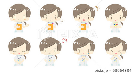 かわいい一つ結びの看護師さんの表情セット 上半身のイラスト素材