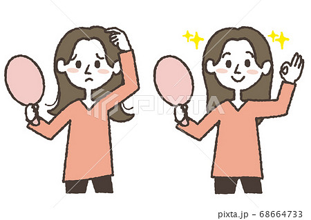 髪がまとまらない若い女性と、きれいにまとまった若い女性のイラストセット 髪がまとまらない若い女性と、きれいにまとまった若い女性のイラストセット 68664733
