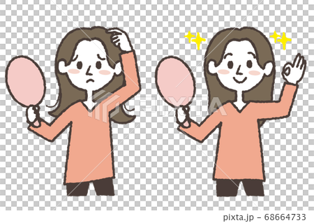髪がまとまらない若い女性と、きれいにまとまった若い女性のイラストセット 髪がまとまらない若い女性と、きれいにまとまった若い女性のイラストセット 68664733