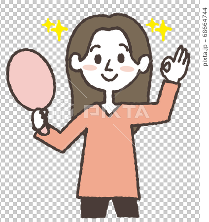 一個年輕的女人,拿著鏡子和給一個好的標記的插圖 一個年輕的女人,拿著鏡子和給一個好的標記的插圖 68664744