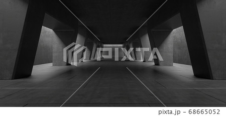 Abstract architectural minimalistic background. Contemporary showroom. Modern concrete exhibition tunnel. Empty gallery. Backlight. 3D illustration and rendering. Abstract architectural minimalistic background. Contemporary showroom. Modern concrete exhibition tunnel. Empty gallery. Backlight. 3D illustration and rendering. 68665052