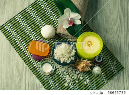 Spa accessories on wooden background. Orchid 68665736