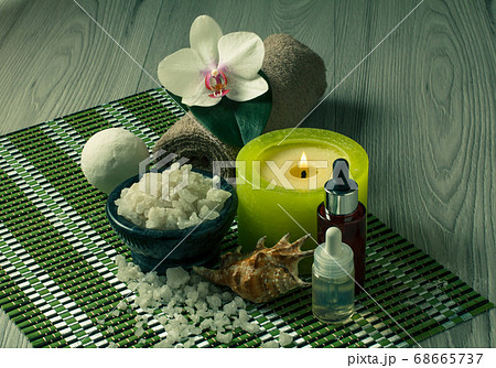 Spa accessories on wooden background. Orchid Spa accessories on wooden background. Orchid 68665737