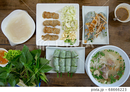 Flat lay photography of the Vietnamese food set on 68666223