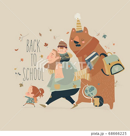 Happy kids with animals going to the school 68666225