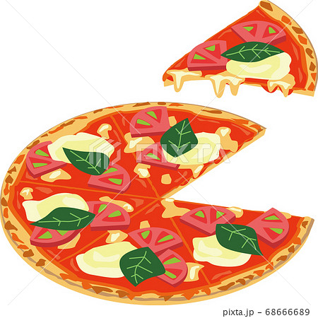 チーズとバジルとトマトのマルゲリータピザを食べる所のイラストのイラスト素材