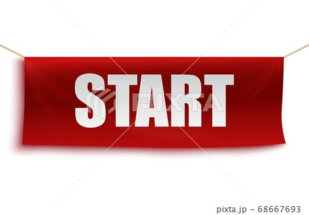 Realistic START banner - white word on red fabric. Isolated sign Realistic START banner - white word on red fabric. Isolated sign 68667693