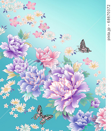 華やかな牡丹と蝶のイラストカットのイラスト素材