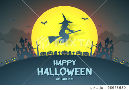 Happy Halloween, Witch flying above pumpkin head, castle, graveyard on hill with big moon and cloud in paper art style Happy Halloween, Witch flying above pumpkin head, castle, graveyard on hill with big moon and cloud in paper art style 68673680