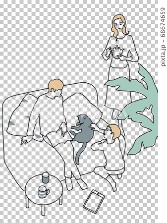 リビングでくつろぐ3人家族と猫　線画 68674659