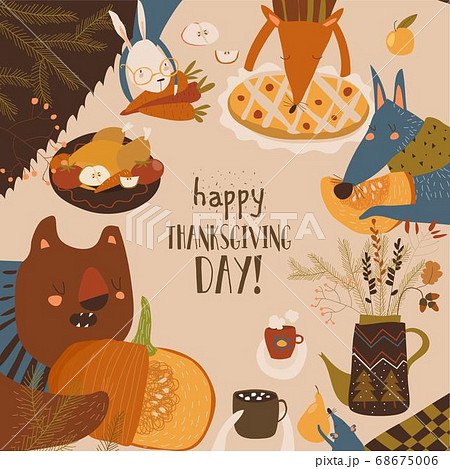 Illustration of cute animals celebrating Thanksgiving day 68675006