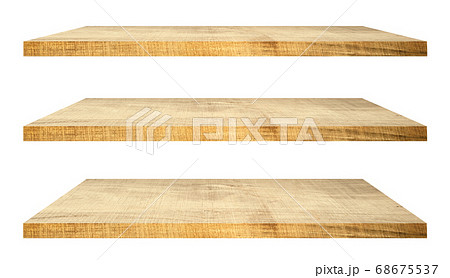 Empty wooden shelf isolated on white background. 68675537