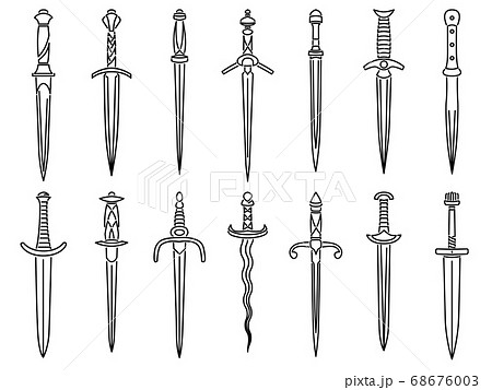 Set of simple images of medieval dirks and daggers drawn in art line style. 68676003