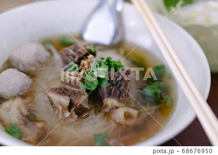 Rice noodle soup with Cooked Liver in  bowl on 68676950