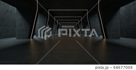 Abstract architectural minimalistic background. Contemporary showroom. Modern concrete exhibition tunnel. Empty gallery. Backlight. 3D illustration and rendering. 68677008