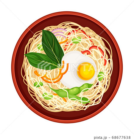 Cooked Noodle Served in Bowl and Garnished with Herbs Above View Vector Illustration 68677638