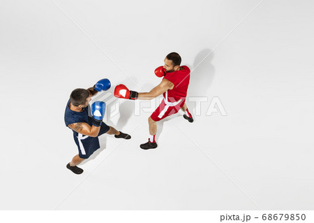 Two professional boxers boxing isolated on white studio background, action, top view 68679850