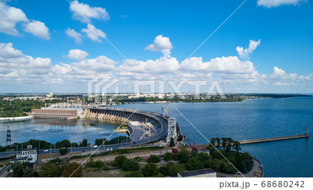 Flying over the hydroelectric power station on the Dnieper River Flying over the hydroelectric power station on the Dnieper River 68680242