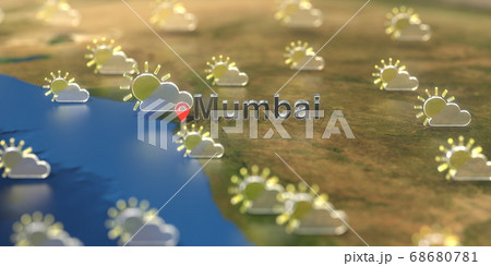 Mumbai city and partly cloudy weather icon on the map, weather forecast related 3D rendering 68680781