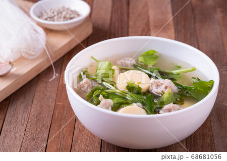 Clear glass noodle soup with Minced Pork Clear glass noodle soup with Minced Pork 68681056