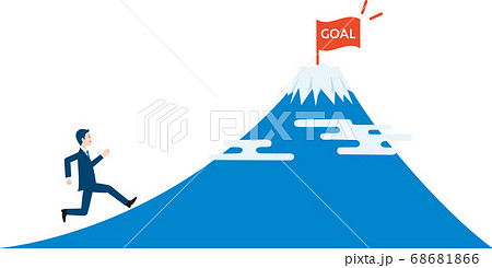 ゴールに向かって走るビジネスマンと富士山のイメージのイラスト素材
