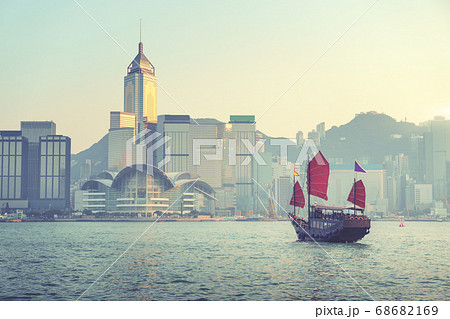 Hong Kong harbour in sunset time 68682169