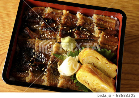 ワサビやガリや卵焼きが乗った沢山の穴子を使った小骨に注意の穴子重(俯瞰) ワサビやガリや卵焼きが乗った沢山の穴子を使った小骨に注意の穴子重(俯瞰) 68683205